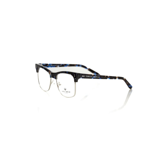 Frankie Morello Blue Metallic Unisex Frame Eyeglasses with chic Clubmaster design and blue fantasy temples. Crafted in Italy for modern style.