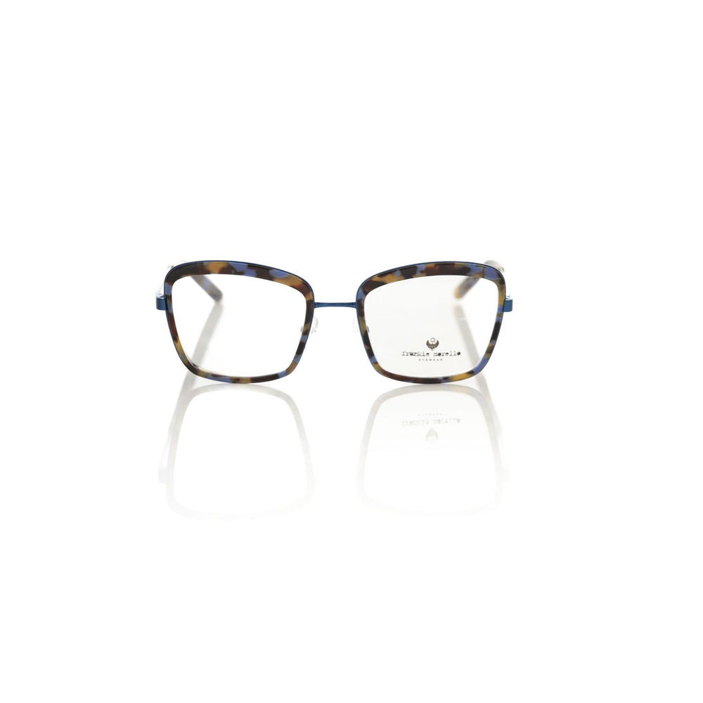 Frankie Morello Blue Metallic Women's Eyeglass Frame with square lenses and blue Havana pattern for a stylish look.