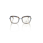 Frankie Morello Blue Metallic Women's Eyeglass Frame with square lenses and blue Havana pattern for a stylish look.