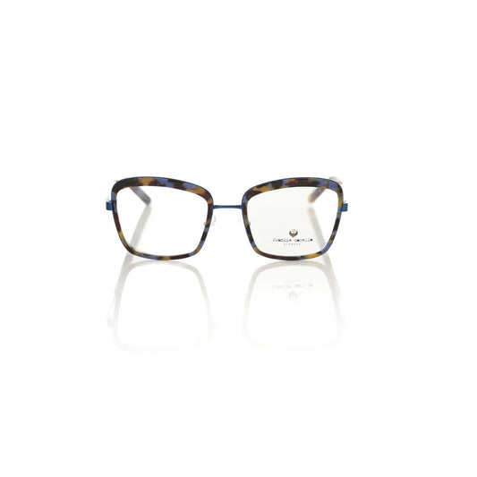 Frankie Morello Blue Metallic Women's Eyeglass Frame with square lenses and blue Havana pattern for a stylish look.
