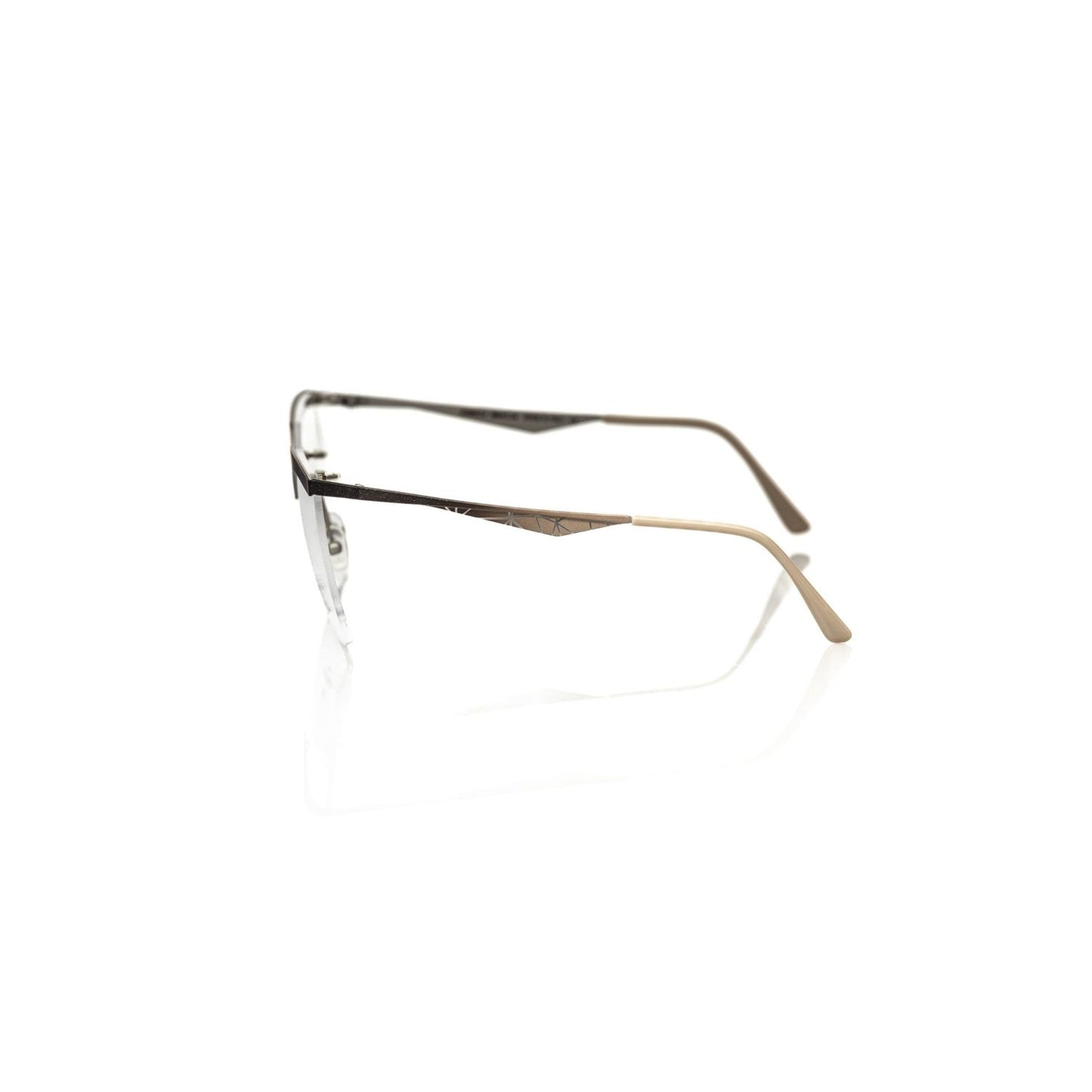 Side view of Frankie Morello Gold Metallic Women's Frame Eyeglasses on white background.