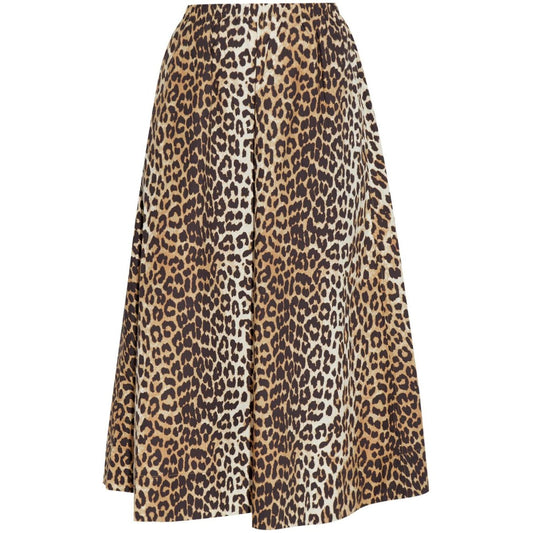 GANNI Skirts Brown organic cotton leopard print high-waisted A-line mid-length