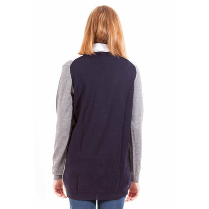 Back view of Gant Gray Wool Sweater featuring long sleeves, cardigan style, buttons, 2 pockets, and logo.