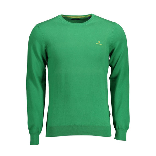 Gant Green Cotton Sweater, long-sleeved crew-neck with logo embroidery and contrasting details.
