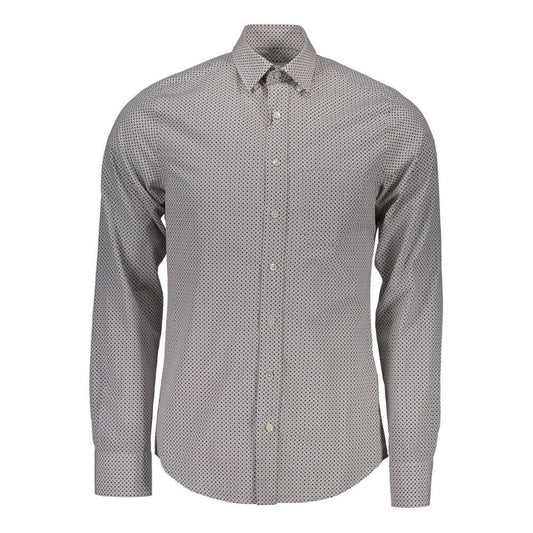Men's patterned long sleeve shirt with button-down front and collar, featuring a subtle dot design.