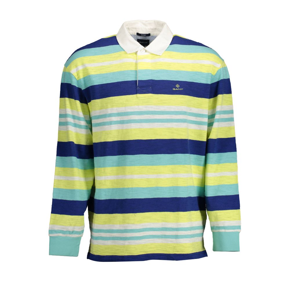 Gant Yellow Cotton Men Polo Shirt with blue, green, and white stripes, featuring long sleeves and signature embroidery logo.