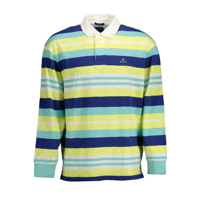 Gant Yellow Cotton Men Polo Shirt with blue, green, and white stripes, featuring long sleeves and signature embroidery logo.