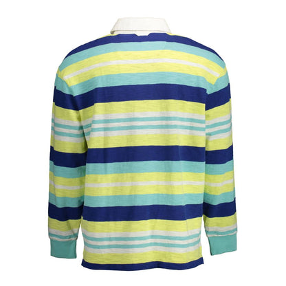 Back view of a colorful striped long-sleeve polo shirt with shades of blue, green, and yellow, featuring a classic collar and cuffs.