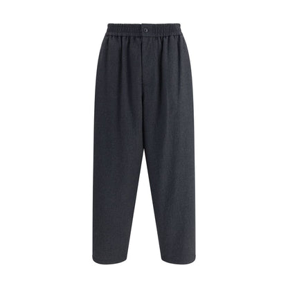 Giorgio Armani Gray Fleece Wool Casual Pants with flat-front silhouette, button-and-zip closure, side and back pockets.