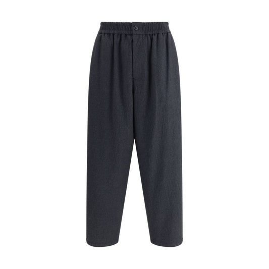 Giorgio Armani Gray Fleece Wool Casual Pants with flat-front silhouette, button-and-zip closure, side and back pockets.