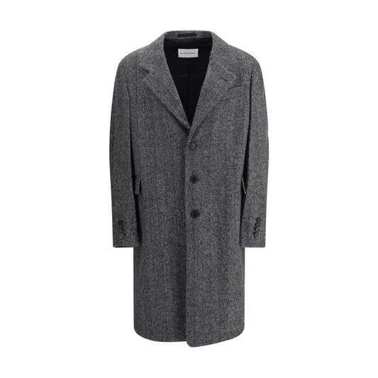 Givenchy Gray Wool Coat with herringbone pattern and wide lapel, below-the-knee length and three welt pockets for sophisticated style.