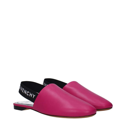 Givenchy Pink Leather Sandals with logo accents and flat heel, featuring fuchsia leather and black highlights, style BE2003E00H678.