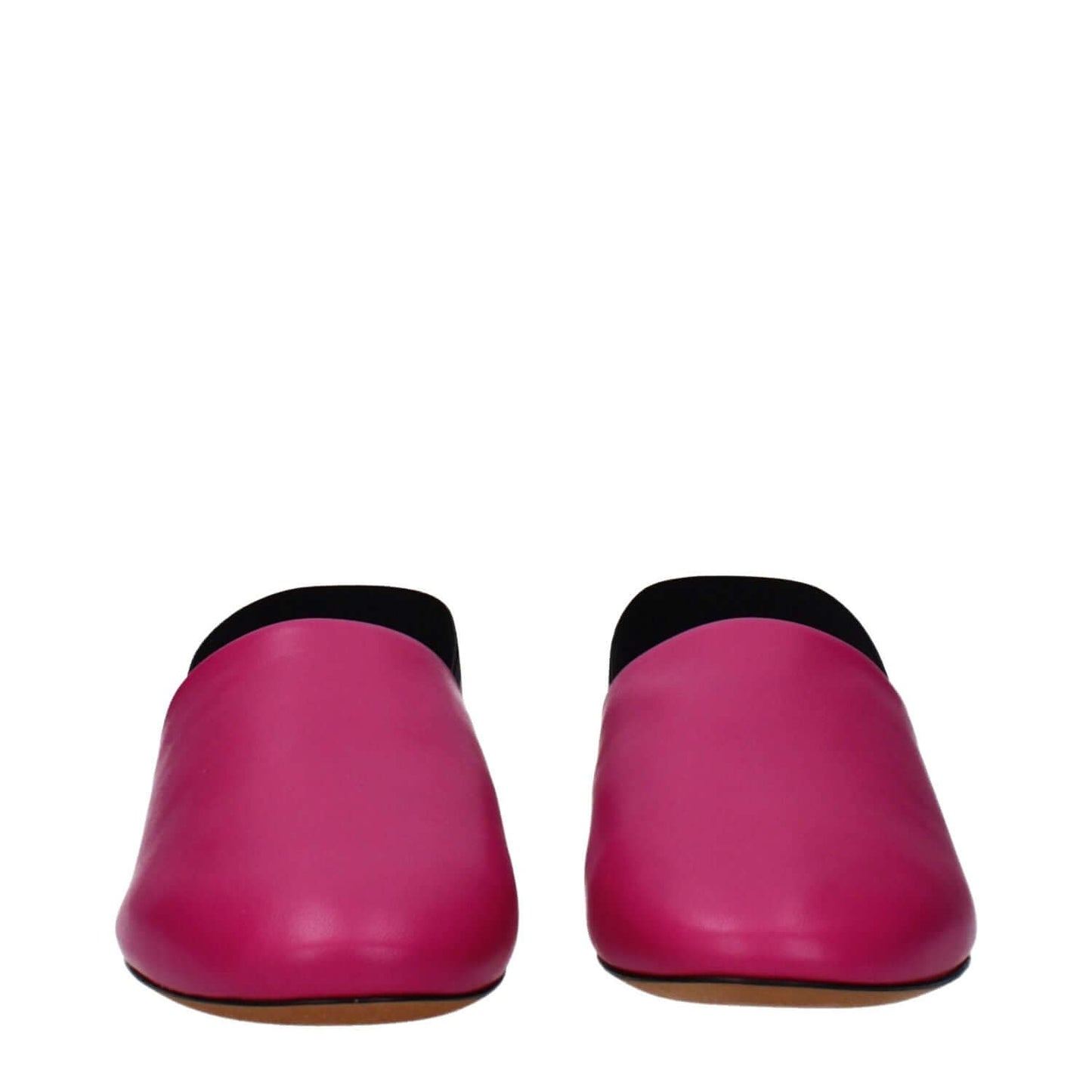 Front view of Givenchy Pink Leather Sandals with round toe and low flat heel, featuring logos on side and back.