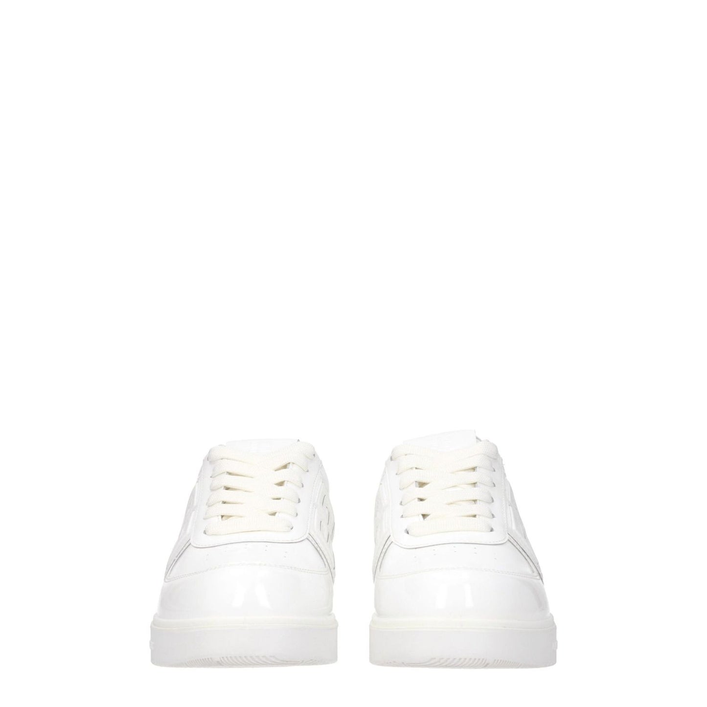 Givenchy White Leather Low Top Sneakers, front view with lace-up closure and rubber soles, featuring logos on front, side, and back.