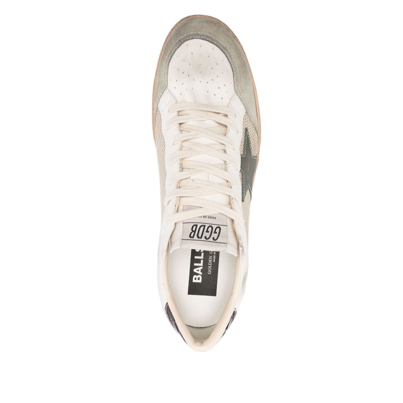 Top view of Golden Goose Ball Star sneakers in light beige with lace-up fastening, padded ankle, and rubber sole.
