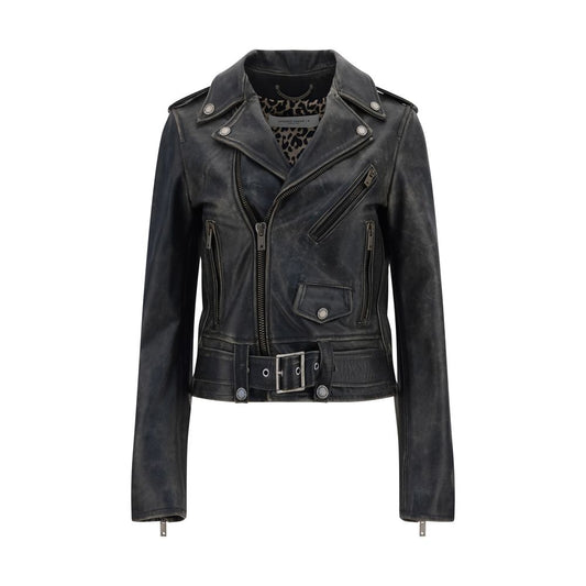 Golden Goose Black Calf Leather Bos Taurus Biker Jacket with asymmetrical zip, classic lapels, and buckle waistband.