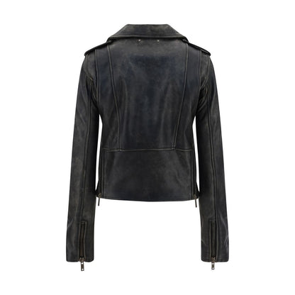 Golden Goose Black Calf Leather Bos Taurus Biker Jacket with zipper cuffs and classic lapels, rear view.