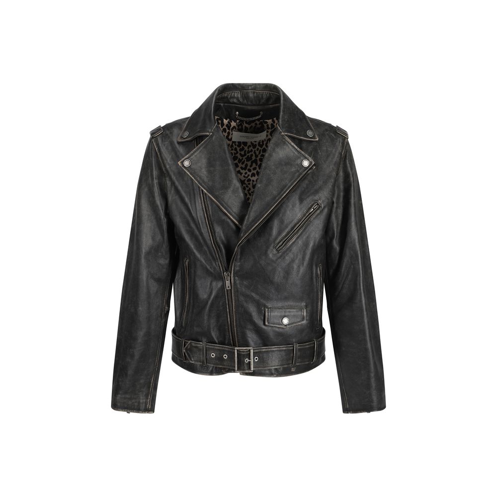 Golden Goose Brown Calf Leather Bos Taurus Biker Jacket with vintage effect, double-breasted zipper, and adjustable waistband.