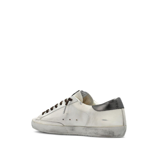 Golden Goose Super-Star in nappa leather with leather star and leather heel tab sneaker, side view with contrasting heel counter.