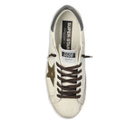 Golden Goose Super-Star in nappa leather with leather star and leather heel tab, white with contrasting heel counter and star patch detail.