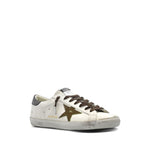 Golden Goose Super-Star in nappa leather with leather star and leather heel tab sneaker featuring white lace-up and flat rubber sole.