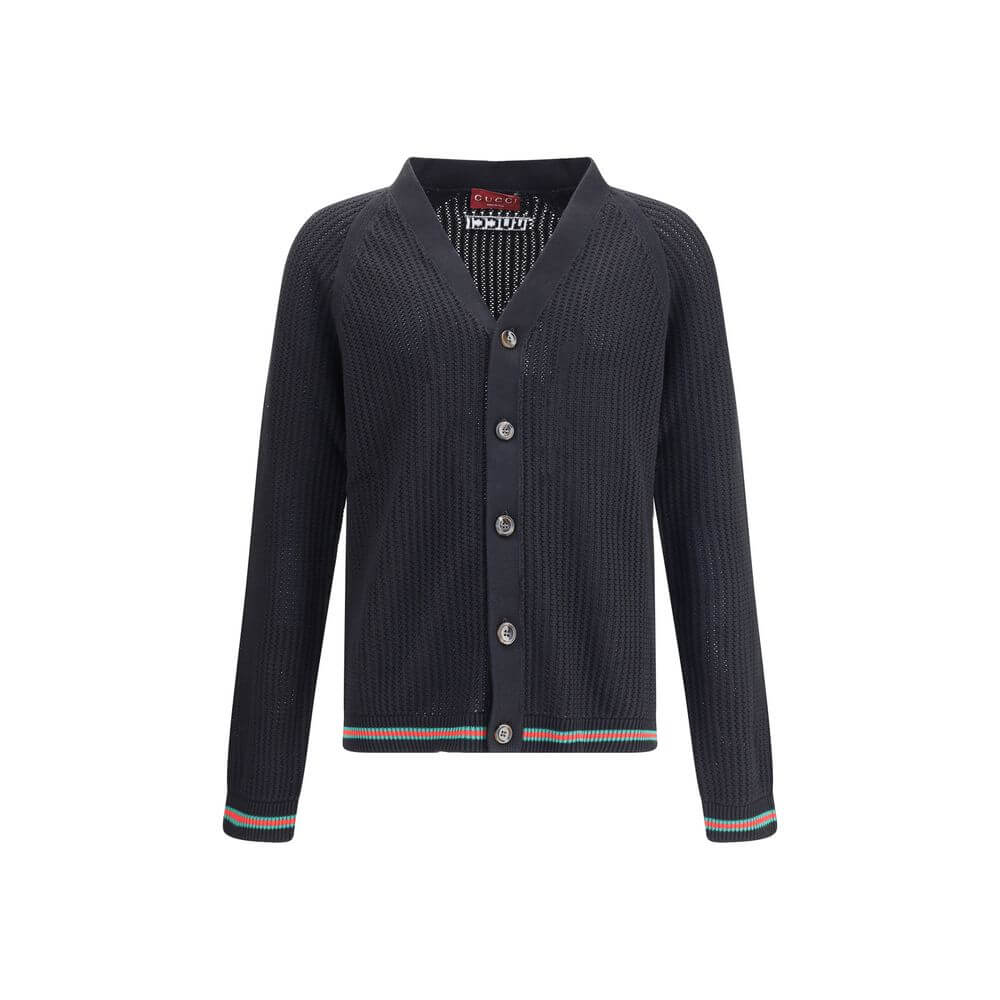 Gucci Black Cotton Cardigan with V-neck, button closure, raglan sleeves, ribbed cuffs, designed for comfort and elegance, AW25 collection.