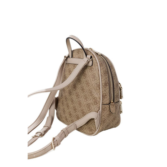 Side view of Guess Beige Polyethylene Backpack with 4G pattern and gold-tone metal details, featuring a front zip pocket and adjustable straps.