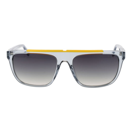 Guess Gray Men Sunglass with gunmetal frame, full-rim rectangle style, and brown gradient plastic lenses. Includes branded case.