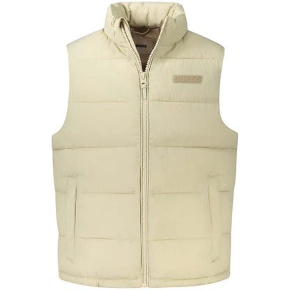 Guess Jeans Beige Polyamide Men Jacket - Sleeveless water-resistant jacket with logo, ideal for stylish and practical outerwear.