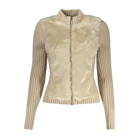 Guess Jeans Beige Polyester Sweater with long sleeves, zip front, contrasting details, and logo, ideal stylish cardigan for any occasion.