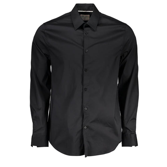 Guess Jeans Black Cotton Shirt, slim fit, long sleeves, Italian collar, organic cotton, embroidery logo, 2 button cuffs.