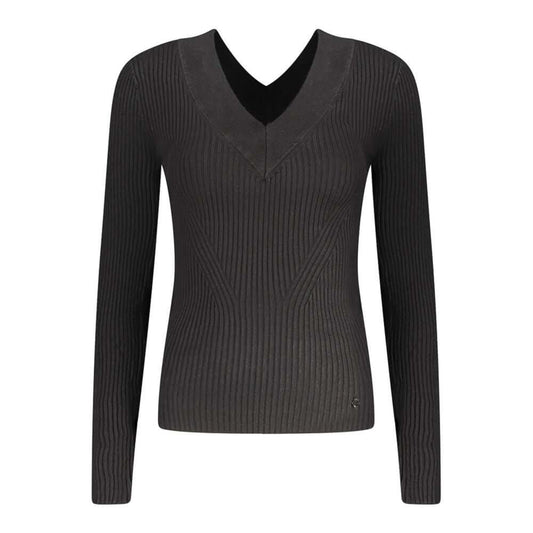 Alt Tag: Guess Jeans Black Viscose Sweater with V-neck and long sleeves, featuring contrasting details and logo accents.