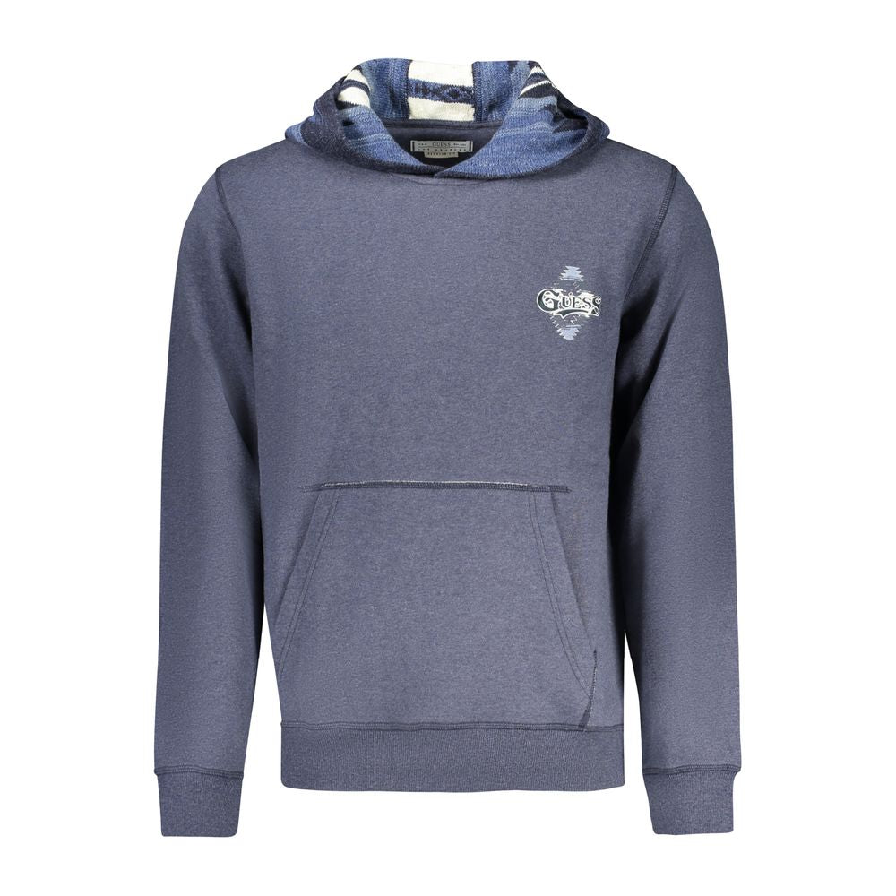 Guess Jeans Blue Cotton Men Sweater, long sleeve hooded sweatshirt with iconic logo and central pocket for a stylish streetwear look.