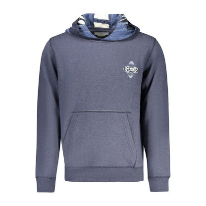 Guess Jeans Blue Cotton Men Sweater, long sleeve hooded sweatshirt with iconic logo and central pocket for a stylish streetwear look.