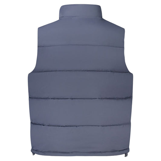 Back view of Guess Jeans Blue Polyester Jacket, sleeveless with thermal padding, featuring 2 external pockets, buttons, and zip.