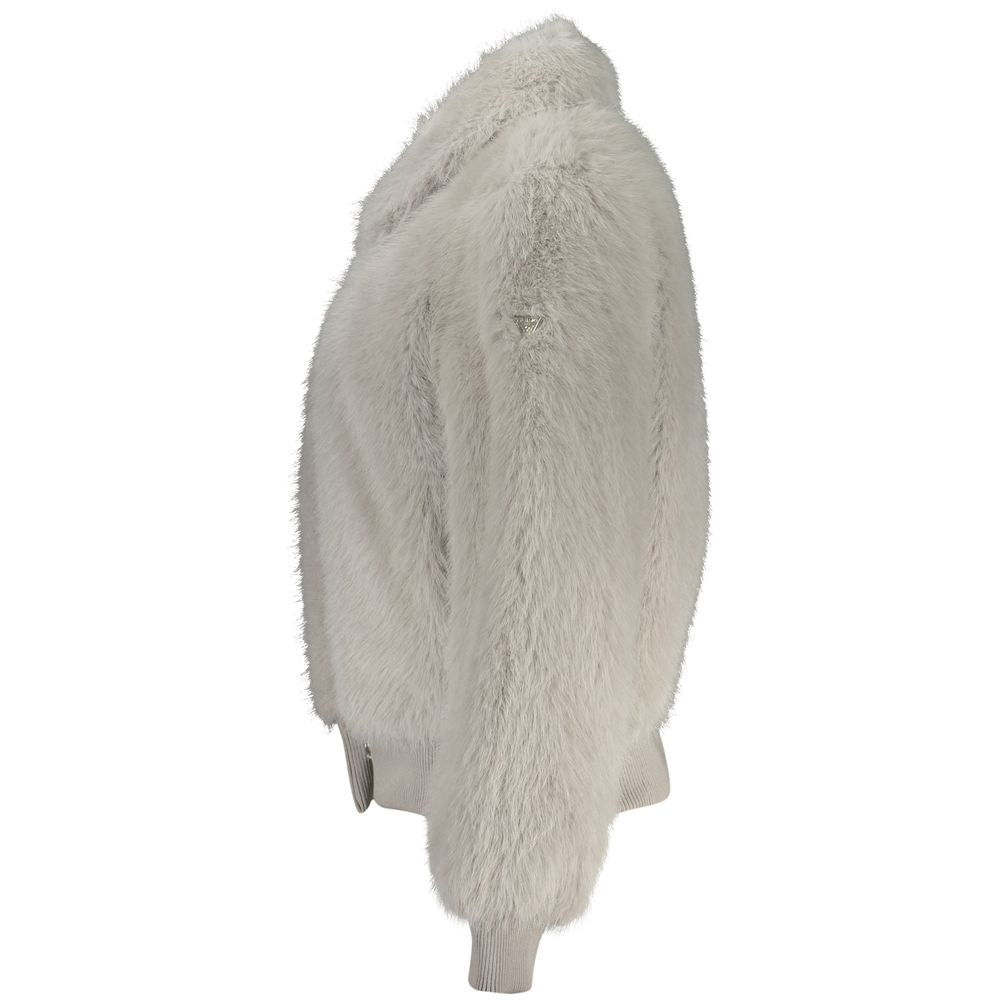 Guess Jeans Gray Polyester Jackets & Coat with automatic closure, logo, and 2 external pockets, featuring soft faux fur design.