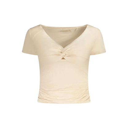 Short sleeve beige top with knot detail and v-neckline, Guess Jeans Pink Modal Women Top, elegant and chic women's fashion