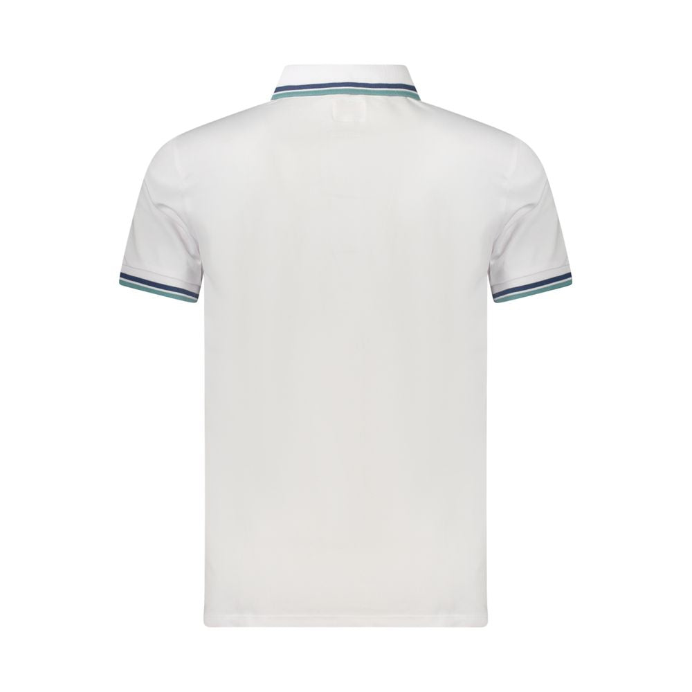 Back view of Guess Jeans White Cotton Men Polo Shirt with contrasting sleeve trim and embroidered logo.