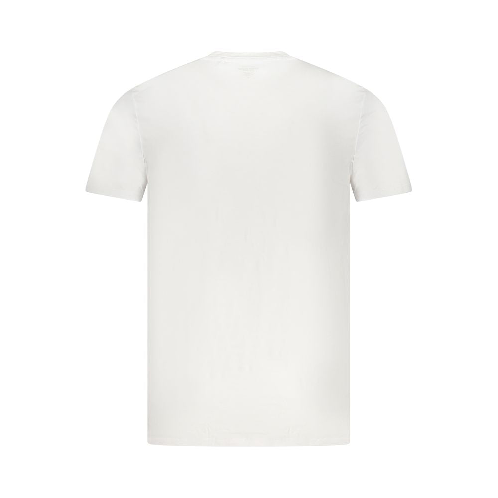 Back view of Guess Jeans White Elastane T-Shirt with short sleeves and crew neck, featuring logo detailing.