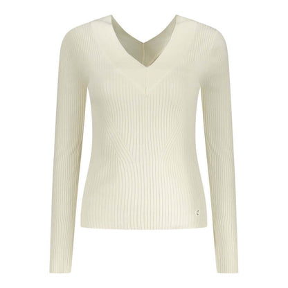 Guess Jeans White Viscose Sweater with V-neck and contrast details.