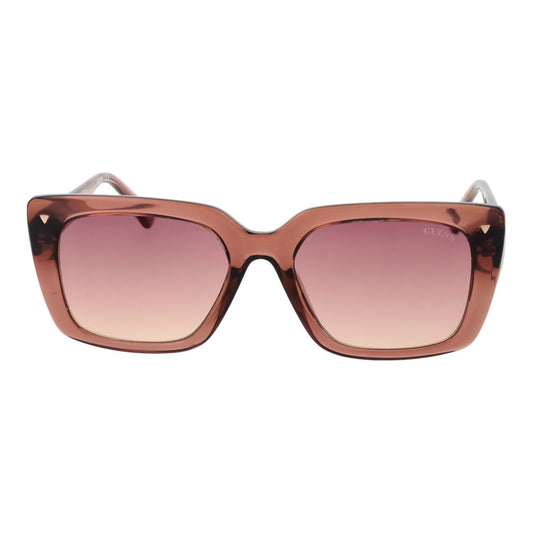 Guess Pink Unisex Sunglass with rose plastic square frame and pink gradient lenses, 100% UVA & UVB protection, includes branded case.