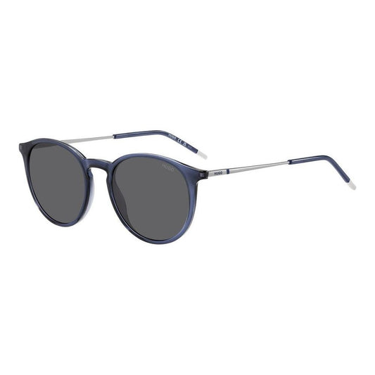 Round sunglasses for gentlemen with dark lenses and blue frames, HUGO MOD. HG 1286_S, side view.