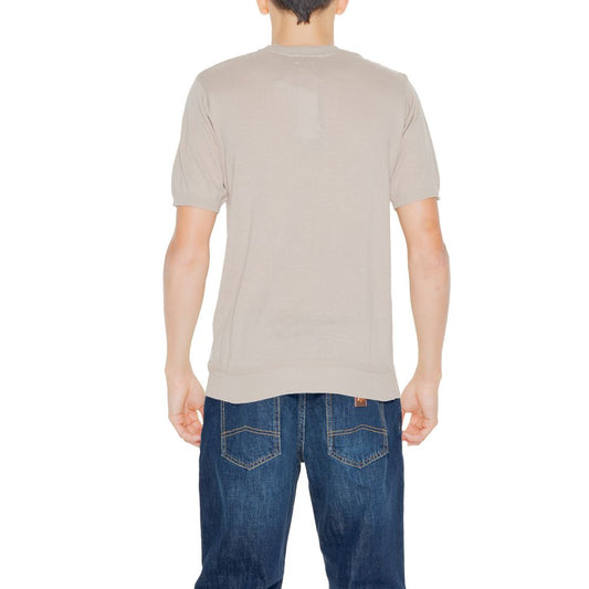 Back view of a model wearing a Hamaki-Ho Beige Cotton Sweater, showcasing short sleeves and crew neck design for men.