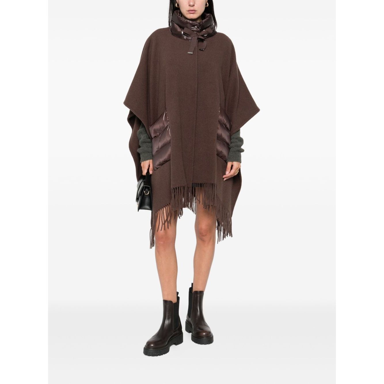 Herno Jackets Brown quilted poncho with high neck, drawstring detail, and fringe trim, showcasing style and comfort in women's fashion.