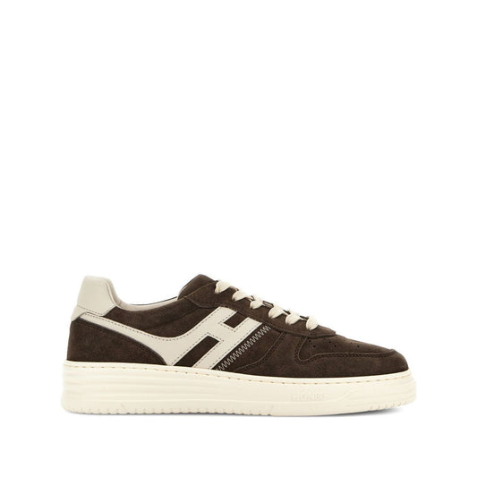 Hogan Pre Sneakers Hogan H630 in coffee brown with lace-up fastening, logo patch, and contrasting heel.