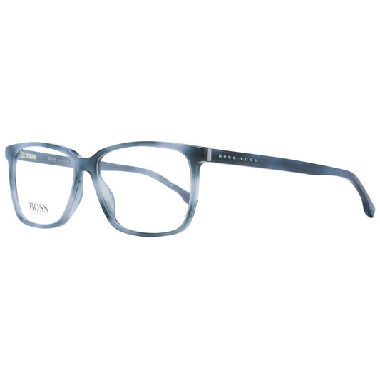 Hugo Boss Blue Men Glasses Frame, blue acetate full-rim rectangle style with plastic demo lenses, includes branded case.