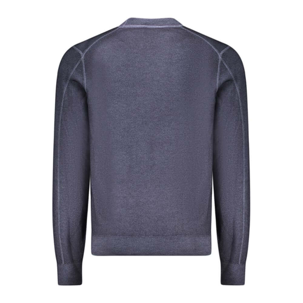Hugo Boss Blue Wool Sweater, long-sleeved crew neck with embroidery and logo, back view.
