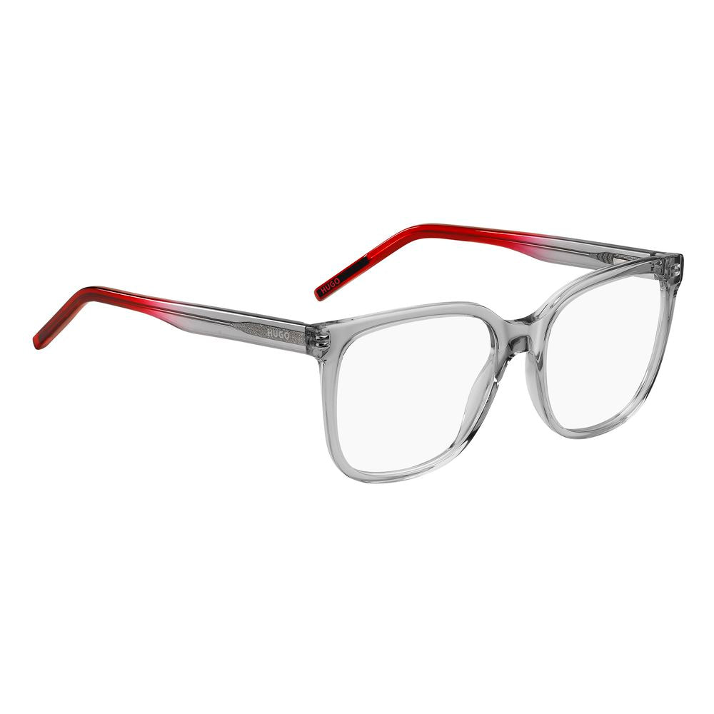 Hugo Boss Gray Acetate Frames with red temples, size 52/17/140mm for women. Stylish and elegant design with durable acetate material.