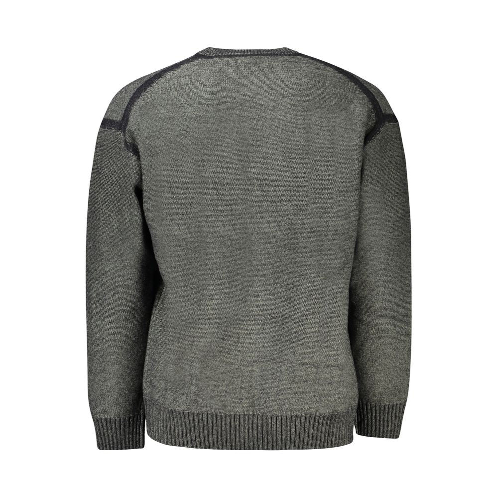 Back view of Hugo Boss Gray Wool Sweater with long sleeves, crew neck, contrasting details, and logo embroidery.