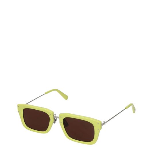Jacquemus Yellow Acetate Sunglasses with square frame and dark lenses, includes steel elements and protective case.